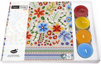 Paper+Design 192310 Kombibox Servietten mit Teelichtern Embroidery - 33 x 33 cm,