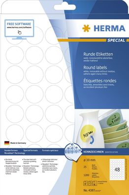 Herma 4387 Etiketten A4 weiß Ø 30 mm rund Movables/ablösbar Papier matt 1200 St