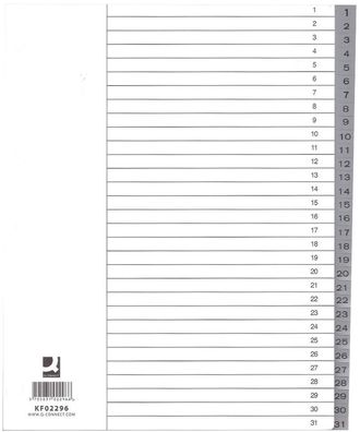 Q-Connect® KF02296 Zahlenregister - 1 - 31, PP, A4 Überbreite, 31 Blatt, grau