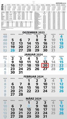 Zettler 602435 4-Monats-Wandkalender - 33 x 59 cm, schwarz/blau