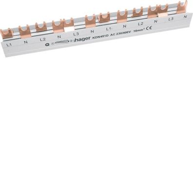 1St. Hager KDN451D Phasenschiene 3 polig+N mit Gabelanschluss 16mm² 80A 12 Module L1N