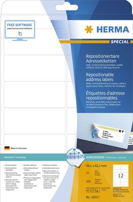 Herma 10017 10017 Adressetiketten A4 weiß 99,1x42,3 mm repositionierbar Papier