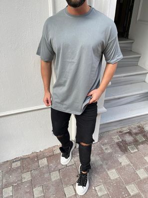 Oversize Herren Kurzarm T-Shirt Weiter Auschnitt Extra Lang Rundhals Herrenshirt Grau