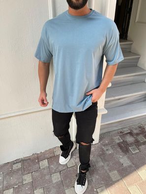 Oversize Herren Kurzarm T-Shirt Weiter Auschnitt Extra Lang Rundhals Herrenshirt Blau