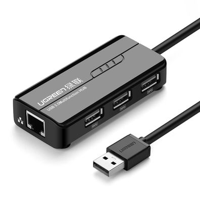 Adapter HUB in Schwarz USB-A auf Ethernet(RJ45) und Netzwerkadapter, 3x USB 2.0