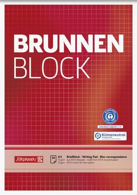 Brunnen 105241801 Briefblock „BRUNNEN-Block“ Recycling, A5, 50 Blatt, Lineatur 5, rot