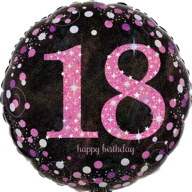 AMSCAN 3378301 Folienballon Happy Birthday 18 - Ø 43 cm, schwarz/pink, Konfetti
