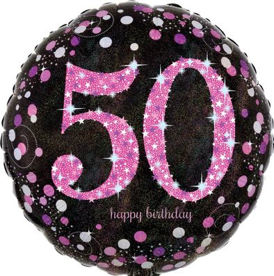 AMSCAN 3378701 Folienballon Happy Birthday 50 - Ø 43 cm, schwarz/pink, Konfetti