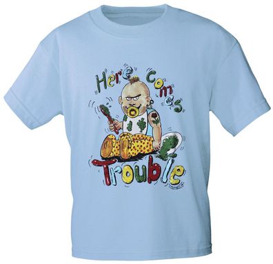 Kinder T-Shirt mit Print - Here comes trouble - 08139 - hellblau - Gr. 152/164