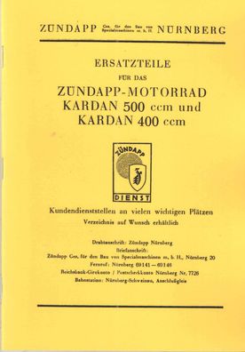 Ersatzteilliste für das Zündapp Motorrad Kardan 400 / 500, Zweirad, Oldtimer, Klassik