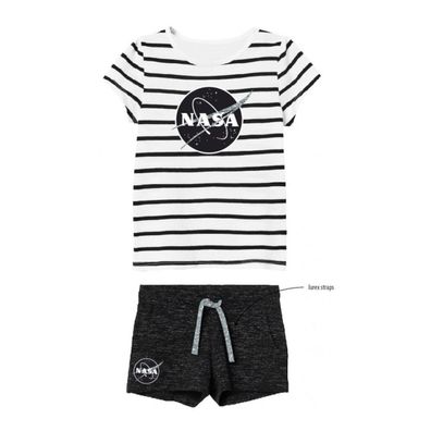 Kurzes Mädchen-Bekleidungs-Set NASA Design | Schwarz-weiß gestreiftes Oberteil,