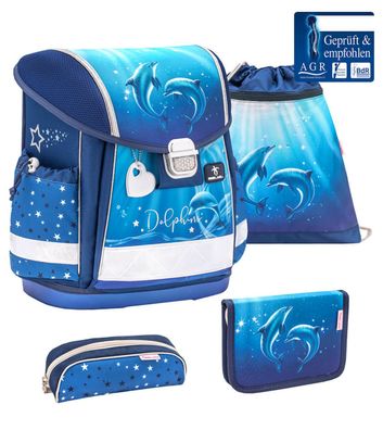 Belmil Classy ergonomisches Schulranzen-Set 4-teilig "Dolphins" mit Brustgurt