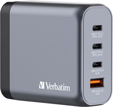 Verbatim GaN Charger 140 W, 4 Ports USB-C Ladegerät, Power Adapter mit 3 x USB-C