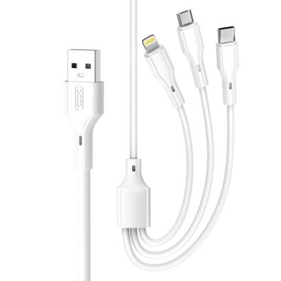 XO 3in1 Ladekabel USB kompatibel mit iPhone, USB-C, microUSB 2,4A in Weiß 1m