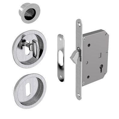 Hakenschloss Set für Schiebetüren, mit Schlüssel, runde Türrosette mit Griffmulde, Ni