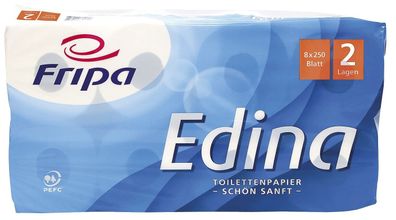 Fripa 1010808 Toilettenpapier Edina - 2-lagig, geprägt, hochweiß, 8 Rollen à 250