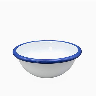 Emaille Schüssel, Salatschale, Kompott Schale, Dekor weiß mit blauem Rand 12 cm