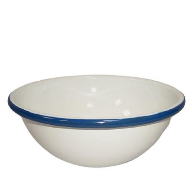 Emaille Schüssel, Salatschale, Große Beilagen Schale weiß mit blauem Rand 21 cm