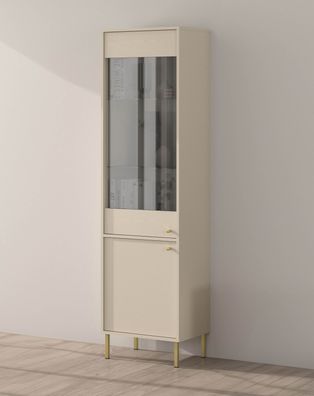 FURNIX Glasvitrine Tonkin Hochvitrine mit fünf Regale und Metallbeine Beige