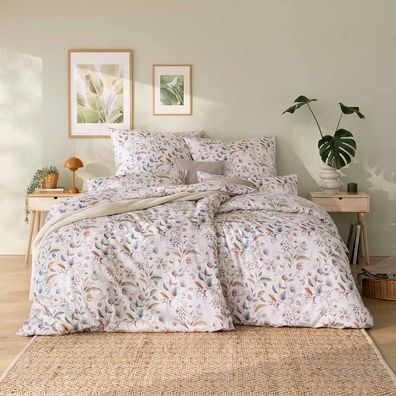 Estella Mako-Satin Bettwäsche 135x200 Jolanda creme Wiesenblumen Blätter 7953-215