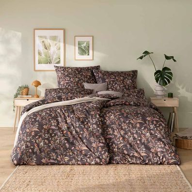 Estella Mako-Satin Bettwäsche 155x220 Jolanda braun Wiesenblumen Blätter 7953-310