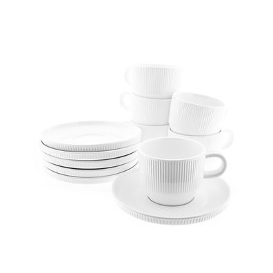 12er Mokkatassen Set mit Untertasse in Weiß mit Riffle Design 100 ml mit Henkel