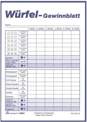 RNK Verlag 5803 Würfelspiel-Gewinnblatt Block DIN A6 3 x 85 Blatt(T)