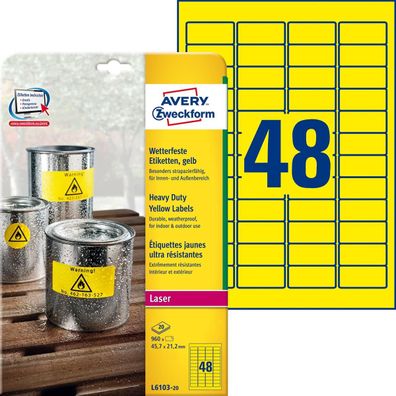 Avery Zweckform® L6103-20 L6103-20 Folienetiketten - 45,7 x 21,2 mm, gelb, 960