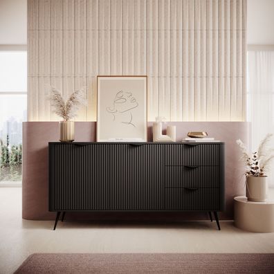 FURNIX Kommode Briane 163 Design Sideboard mit Schubladen und Türen Schwarz