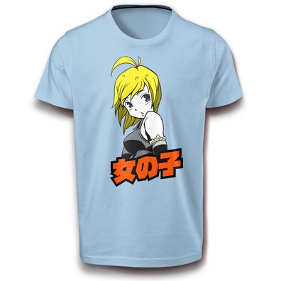 Anime Japan Mädchen mit Kurzhaar Blond Manga Frauenpower Baumwolle T-Shirt M - XL