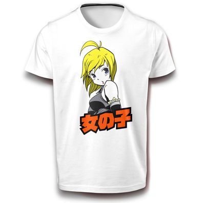 Anime Japan Mädchen mit Kurzhaar Blond Manga Frauenpower Baumwolle T-Shirt weiß