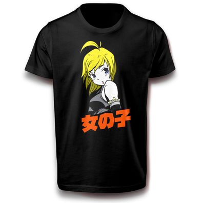 Anime Japan Mädchen mit Kurzhaar Blond Manga Frauenpower Baumwolle T-Shirt 122 - 3XL