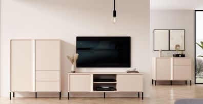 FURNIX 3-tlg. Mediawand Derute 2 Highboard TV-Schrank Kommode Beige