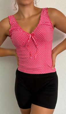 SeXy Miss Damen V Ausschnitt Girly DotsTop Raff Kanten Träger Schleife XS/S Pink