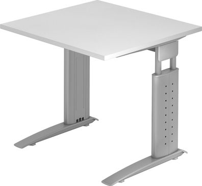 bümö höhenverstellbarer Schreibtisch U-Serie 80x80 weiß, Gestell in Silber - PC Tisch