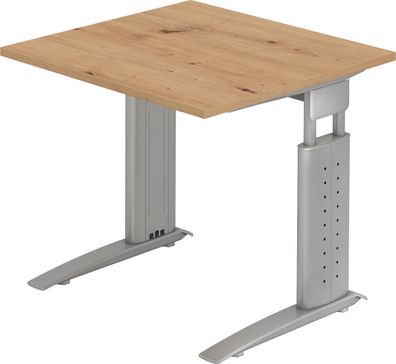 bümö höhenverstellbarer Schreibtisch U-Serie 80x80 Asteiche, Gestell in Silber - PC T