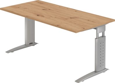 bümö höhenverstellbarer Schreibtisch U-Serie 160x80 Asteiche, Gestell in Silber - PC