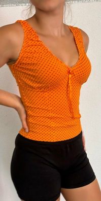 SeXy Miss Damen V Ausschnitt Girly DotsTop Raff Kanten Träger Schleife XS/S Orange