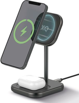 XQISIT 2in1 Magnetic Wireless Charger Ladestation Magsafe Magnetring schwarz