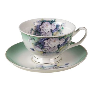 Clayre & Eef Tasse mit Untertasse 200 ml Grün Weiß Porzellan Rund Blumen