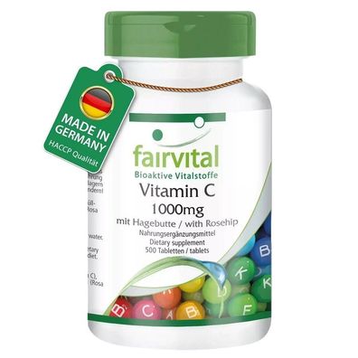 Vitamin C 1000mg mit Hagebutte 500 Tabletten, vegan, fairvital