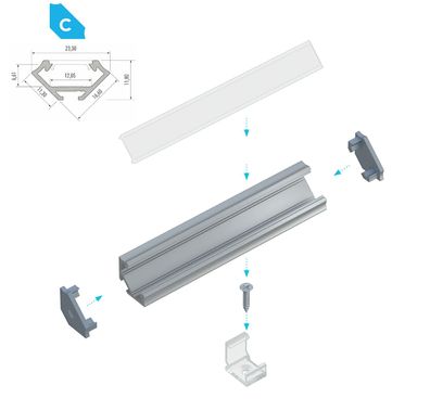 PD-C 1M LED Aluminium Profil Silber eloxiert für 12mm LED Streifen milchige Abdeckung