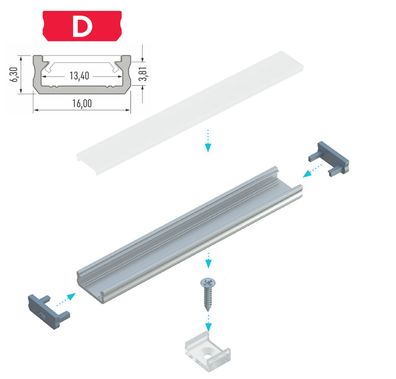 PD-D 1M LED Aluminium Profil 16x6mm Silber für 12mm LED Streifen milchige Abdeckung