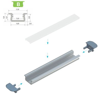 PD-B 1M LED Aluminium Profil 16x9mm Silber für 12mm LED Streifen milchige Abdeckung