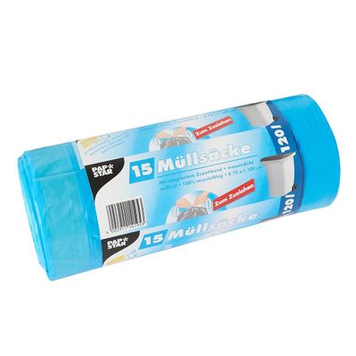 PapStar 14195 Müllsäcke mit Zugband - 120 L, LDPE, blau, 15 Stück