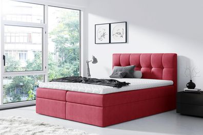 FURNIX Boxspringbett RICKIE 140x200 mit tiefen Bettkasten und Topper SR60 rot