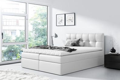 FURNIX Boxspringbett RICKIE 180x200 mit tiefen Bettkasten & Topper MA920 weiss