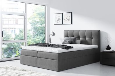 FURNIX Boxspringbett RICKIE 160x200 mit teifen Bettkasten & Topper SR93 grau