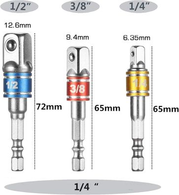 Willingood 3 tlg Stecknuss Adapter [1/4" 1/2" 3/8"] Sechskant Steckschlüssel