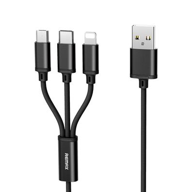 Remax 3in1 Nylon Ladegerät Kabel 2.8A Micro USB TYP-C Anschluss Schnell schwarz